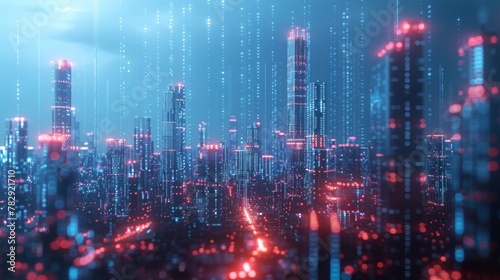 Digital skyline with a binary code particles network. Technology and connection concept. Architecture background with particle skyscrapers. Abstract hologram 3D city rendering with futuristic matrix.