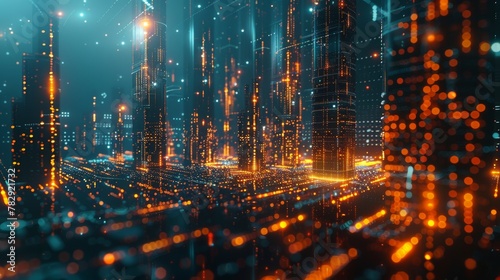 3D abstract hologram rendering of a futuristic city with a binary code particles network. A technological and connection concept. An architectural background with particles.
