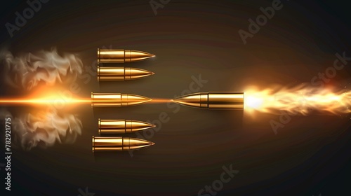 Modern illustration of gunshot trail, shotgun ammunition movement in motion, firearm projectiles flying fast, and war shooting attack with realistic flying bullets on black background. photo