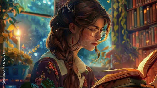 Enchanted girl reading in a magical library setting