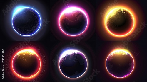 An eclipse of the solar planet with sunrise flares. An abstract earth or moon edge circle set isolated with sunset rays. An outer blaze in the universe illustration on black background.