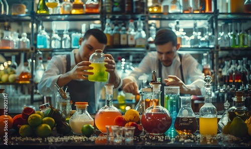 AI generated illustration of bartenders preparing cocktails at a busy bar counter