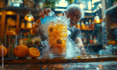 AI generated illustration of a bartender preparing a cocktail with smoke