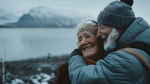 AI-generated illustration of an old couple in love traveling Iceland, vacation, travel © Wirestock