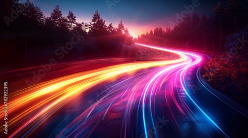 An isolated modern image of colorful light trails with motion blur effects, taken after a long time exposure.