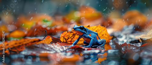 A photo of a colorful poison dart frog, with fallen leaves as the background, during a humid evening  © Uwe