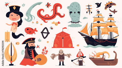Different pirate elements for kids flat vector illu photo