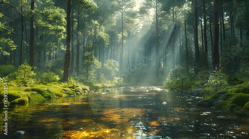 the sun is rising out through a forest with water running through