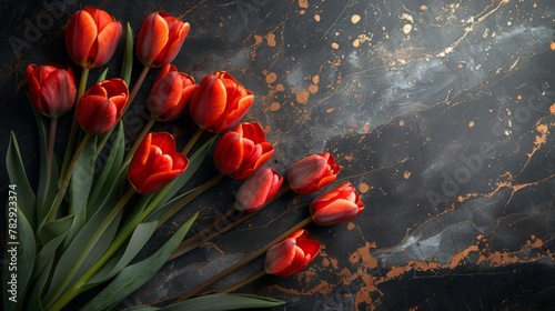 Deep black marble background, accentuated with bold rose gold veins and decorated with vibrant red tulips. Luxury design for wedding, mother's day, ceremonial and celebration, fashion. photo