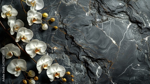 Pure black marble with reflective silver veins, decorated with white orchids, creating a striking contrast. Luxury design. 