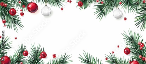 Evergreen branches and decorative baubles set the festive scene against a plain white background for Christmas