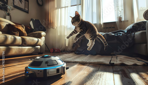Cat jumping on a robot cleaner photo