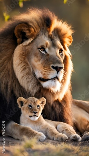 AI generated illustration of a lion with its cub in a field © Wirestock