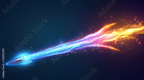 Light trail effect from a missile or star. Realistic modern illustration of a rocket or space object falling or flying with a neon glow tail. Magic flare with a motion streak, sparkle, and dust.
