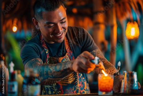 AI generated illustration of a Bartender pouring flaming drinks at the bar photo