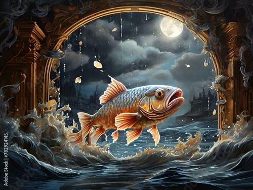 a fish that is standing in the water at night time