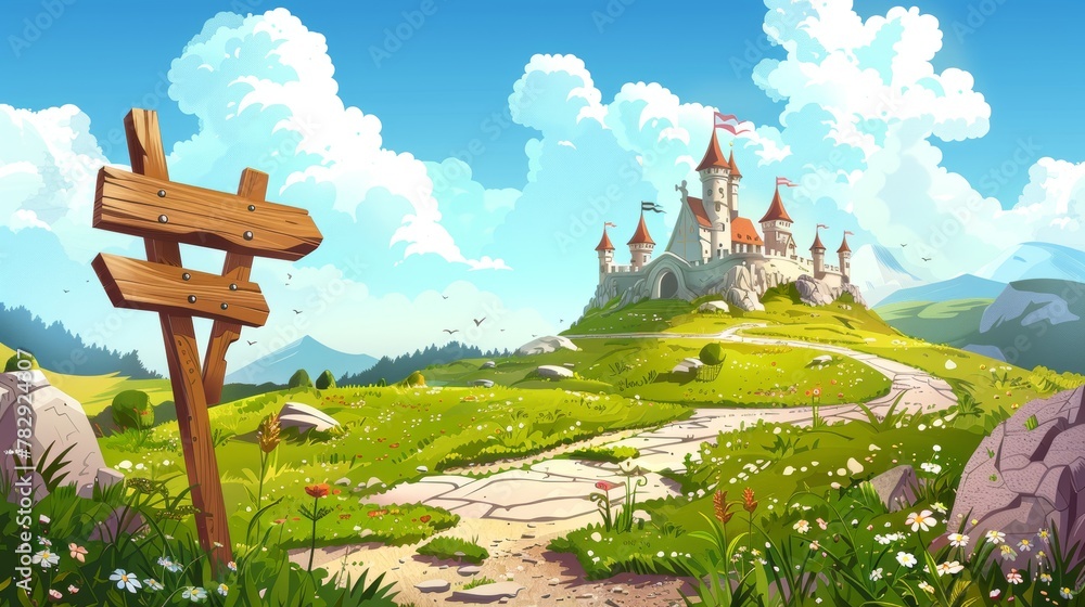 Obraz premium An illustration showing a fairytale castle surrounded by a green summer landscape, with road signs indicating directions, and a meadow with flowers and grass on hills.
