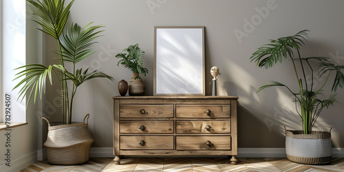 Mockup frame on a wooden chest of drawers in the living room.3d render. © Sawyer0
