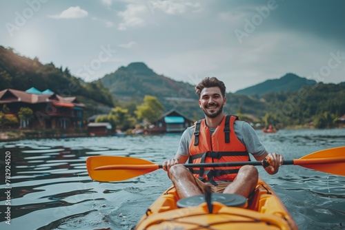 Attractive teenage boy kayaking on the lake. Beautiful simple AI generated image in 4K, unique.