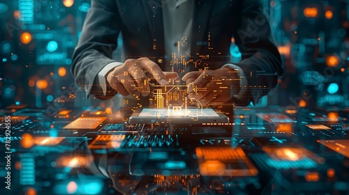 A businessman connects tech devices and icon applications 3D rendering