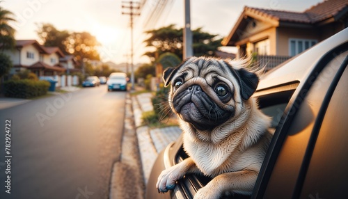AI generated illustration of a pug enjoying a car ride with its head out the window