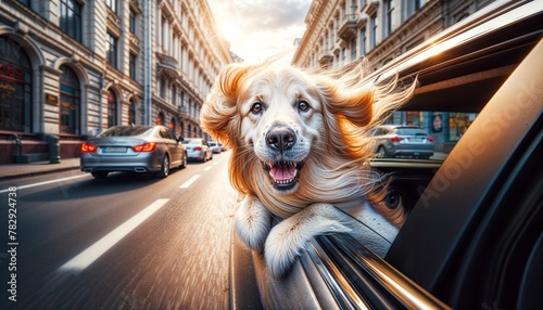 AI generated illustration of a golden retriever enjoying a car ride with its head out the window