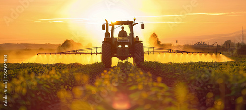 Tractor Spraying Pesticides on the farm at sunrise photo