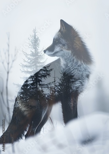 AI generated illustration of a double exposure of a fox and a snowy forest