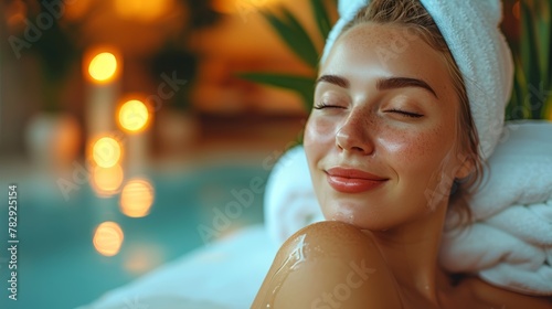 Caucasian woman customer enjoying relaxing anti-stress spa massage and pampering with beauty skin recreation leisure in day light ambient salon spa at luxury resort or hotel. Quiescent photo