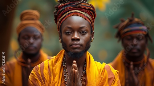A group of individuals, possibly religious figures, dressed in traditional African attire featuring vibrant colors and patterns such as yellow, red, and blue. photo