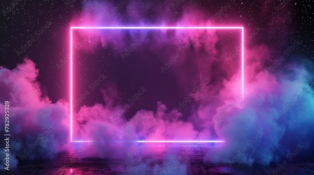 A neon light frame in a cloud of smoke on a black background. Modern illustration of a pink and blue border, transparent haze, stars glistening in the sky, a nightclub stage decoration.