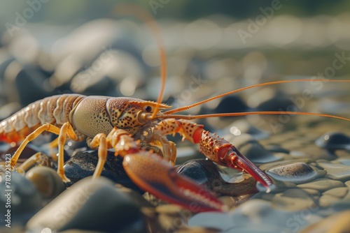 crayfish coming out of water on land with pebbles