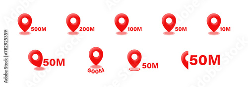 Location distance vector icon set. Map pin collection. Locator radius pointers.
