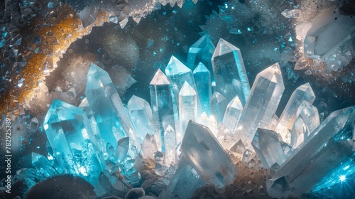 Illuminated crystals in a mystical cave setting photo