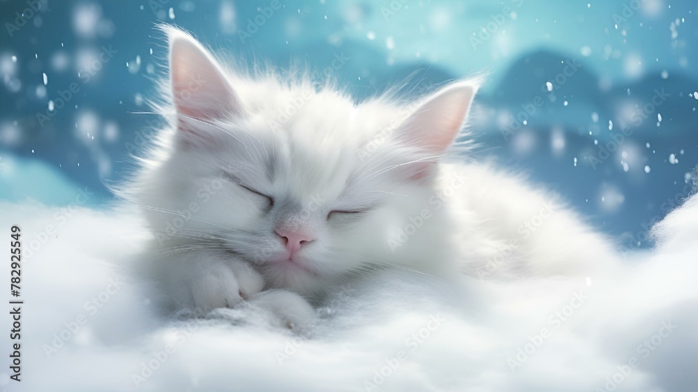 AI generated illustration of a fluffy white cat lounging on snowy sky