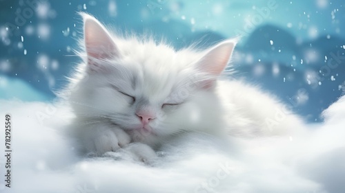 AI generated illustration of a fluffy white cat lounging on snowy sky © Wirestock