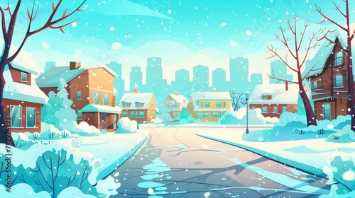 In the snowy winter season, a suburban landscape with a house on a street and trees, a road, and a driveway framed by silhouettes of city buildings.
