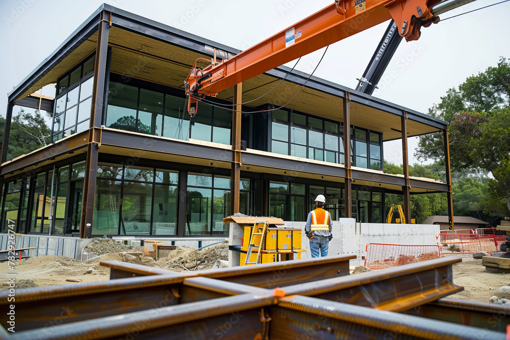 A construction worker operating a crane to lift steel beams for a modern house's construction, showcasing the architectural design with expansive windows and a flat roof.