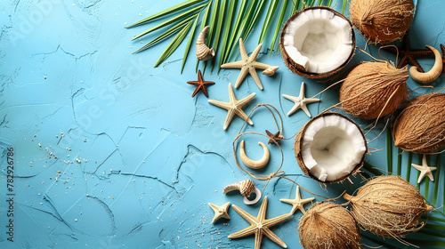 Summer accessories with starfishes and coconuts on blue background  with empty copy space