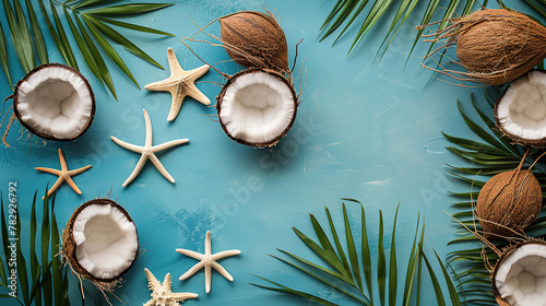 Summer accessories with starfishes and coconuts on blue background, with empty copy space
