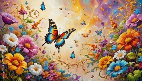 an artistic painting with colorful flowers and butterflies around it and the words butterflies dream