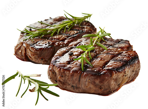 A highly detailed and ultrarealistic photograph of two perfectly grilled steaks, one with rosemary on top, against a white background