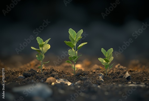 three plants growing out of the dirt with sunlight behind it