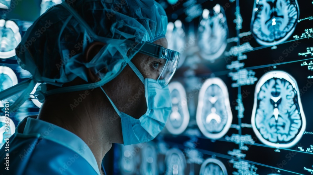 Man in Surgical Mask Studying MRI Images Man in Surgical Mask Studying MRI Images