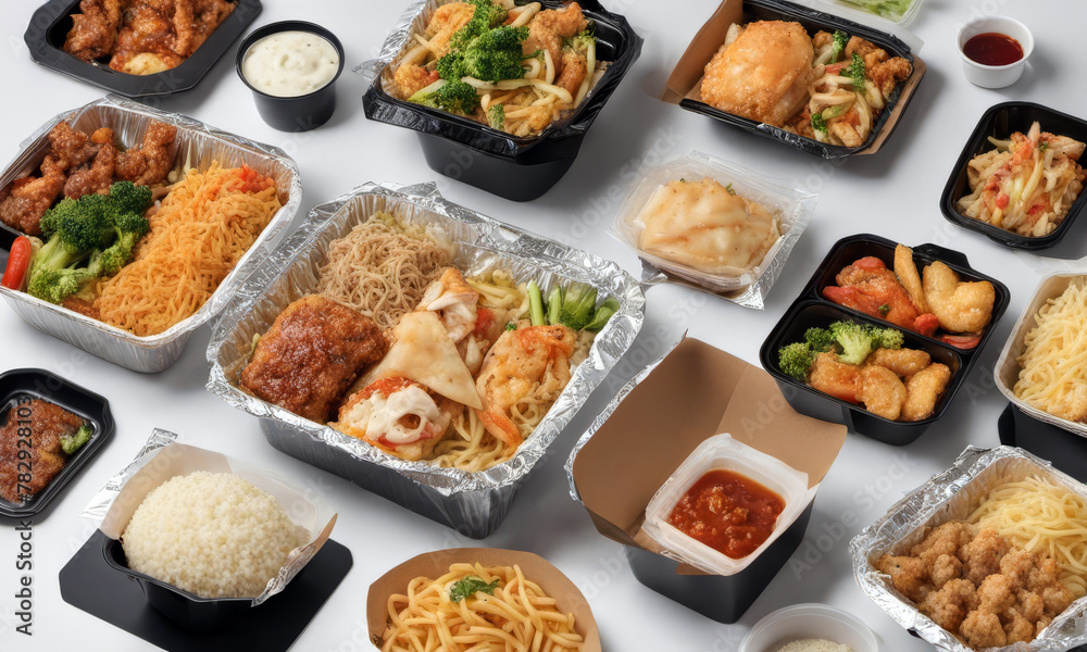 various take away food dishes in open boxes laid out on white background various take away food dishes in open boxes laid out on white background