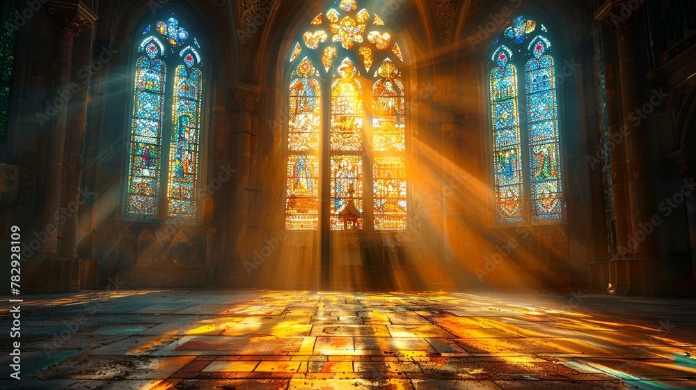 AI-generated illustration of Sunlight filters through multi-level cathedral stained glass windows