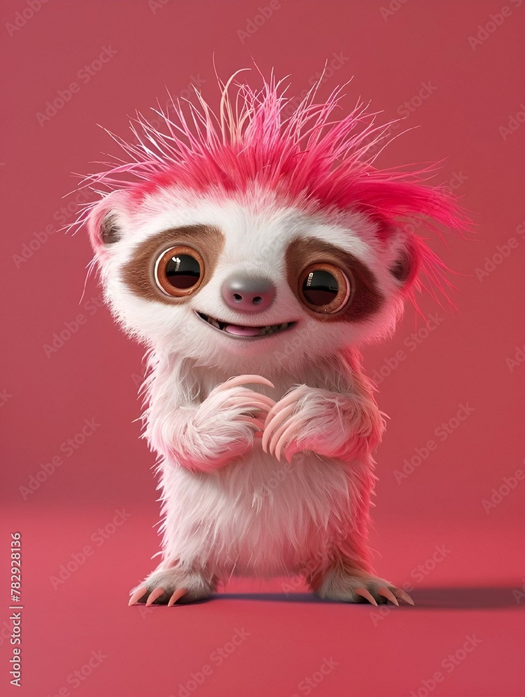 AI-generated illustration of A small cartoon character with pink hair, standing on hind legs