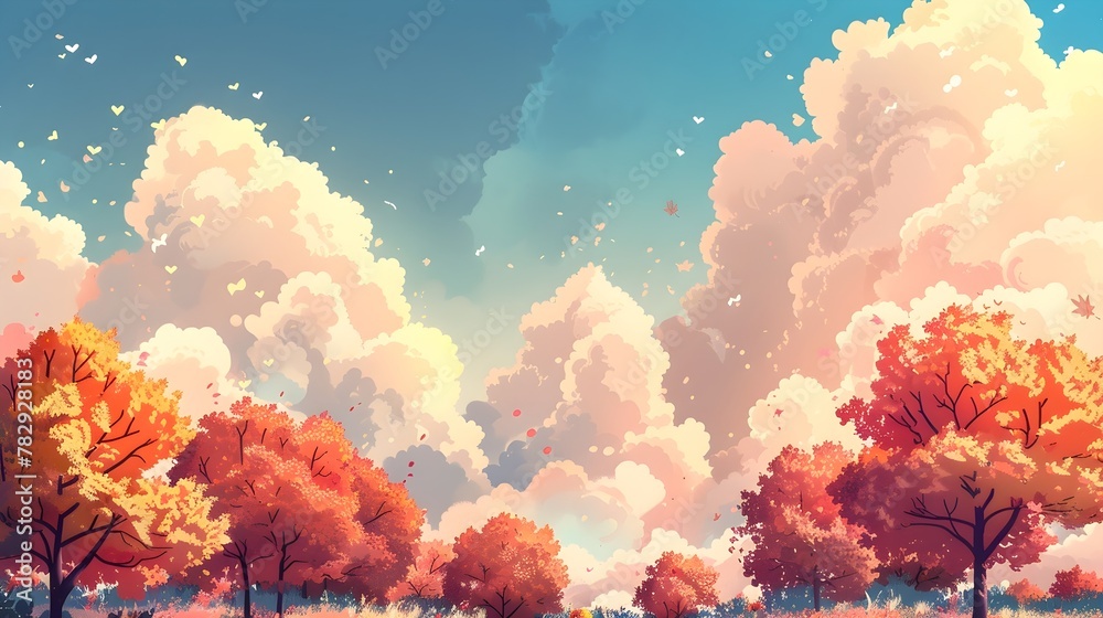 Dreamy orange trees landscape with the blue sky, illustration wallpaper