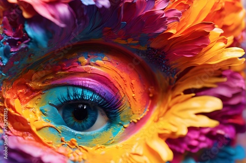 A close-up portrait of a person with vibrant eye surrounded by a vibrant color pallette