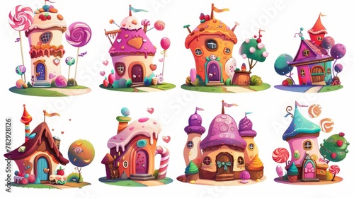 Cartoon modern illustration set of cute fantasy dessert houses for candyland design made of cake and cookie, chocolate and lollipop, ice cream and berry.